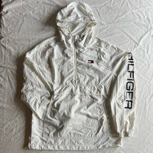 Tommy Hilfiger White Retro Taslan 1/2 Zip Hood Pullover Jacket - Men's Small